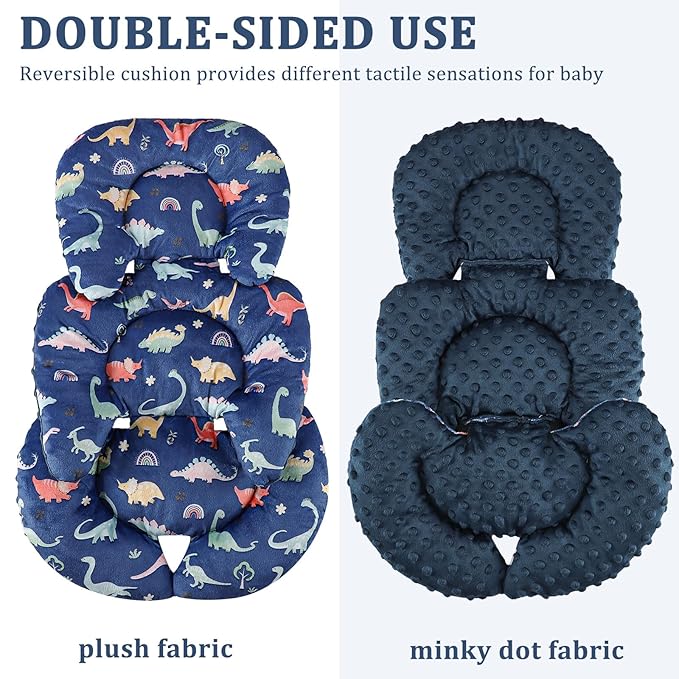 Infant Car Seat Insert Cushion, Super Soft Baby Car Seat Head Support & 2 Straps Pads, Reversible Preemie Newborn Carseat Insert, Fit Car Seat, Stroller, Infant Bouncer, Blue Dinosaur