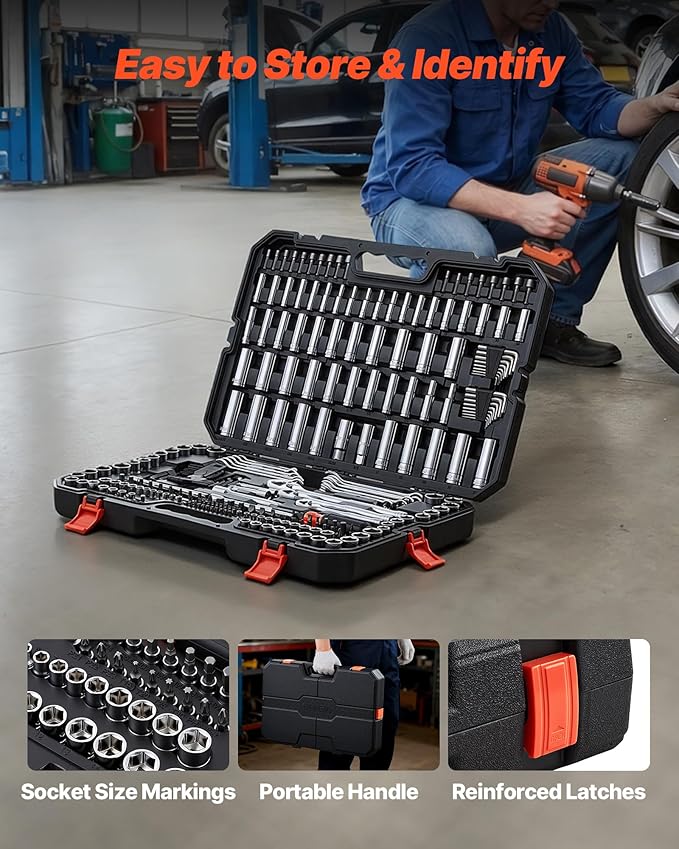 VEVOR Mechanics Tool Set, 253-Piece Mechanic Tool Kit, 1/4 in, 3/8 in, and 1/2 in Drive, SAE and Metric Socket Set, Wrenches, Screwdriver Bits, Accessories, and Storage Case, for Automotive Repair