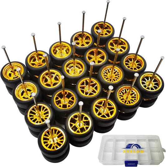 1/64 Wheels and Tires Set, 10-Pack 1 64 Scale Wheels with 10 for 1/64 Diecast Cars Upgraded and Modified Rubber Tires(Diameter 0.43in/11mm) (Gold Plated)