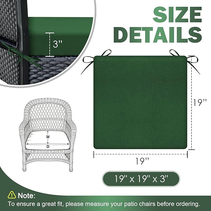 Outdoor Chair Cushions Set of 4, 19x19x3Inch Waterproof & Fade Resistant Patio Furniture Seat Cushions with Ties, Square Outdoor Dining Chair Cushions for Lawn, Garden, Deck&Yard, Forest Green