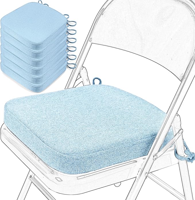 SINOSSO Memory Foam Chair Cushions for Folding Chairs 6 Pack, Thickened 2" Square Pads with Ties for Kitchen Chairs, Indoor Non-Slip Dining Chair Seat Cushions (Set of 6, Water Blue)