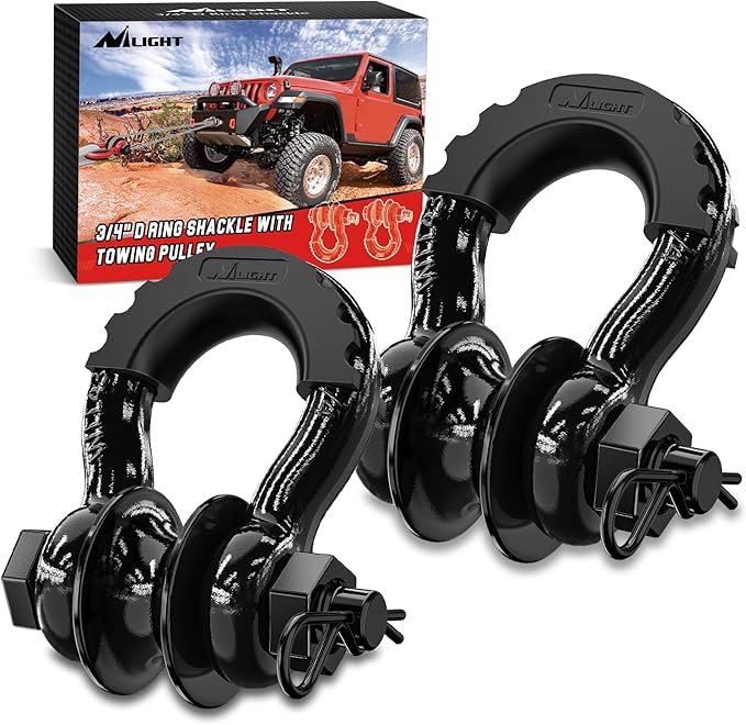 Nilight 3/4" D-Ring Shackle w/Snatch Block (2 Pack) 9,500 lb Working Load, 2-in-1 Heavy‑Duty Towing Pulley w/Isolator for Off‑Road Recovery, Winch Cable & Rope, Truck Jeep ATV UTV Tractor, Black