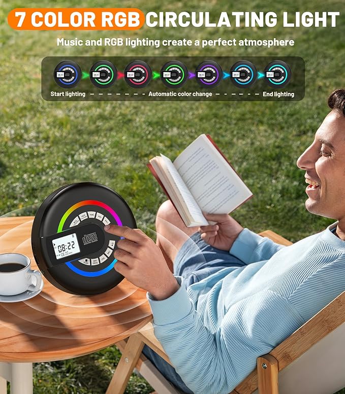 Portable CD Player with Speaker Bluetooth Discman for Car with FM Transmitter Rechargeable Lightweight Anti-Skip Protection Repeat Headphones AUX/USB LCD Display RGB Light Gifts Kids Student