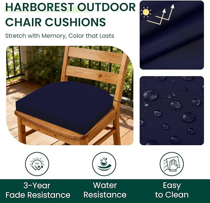HARBOREST Outdoor Chair Cushions Set of 2, Water Resistant Patio Chair Cushions with Ties, Outdoor Seat Cushions for Patio Furniture, 17"x16"x2", Navy