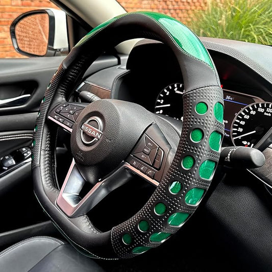 PINCTROT D Shaped Race Grip Steering Wheel Cover, Anti Slip Silicone Perforated Design with Soft Touch Padding, Enhanced Grip for Sporty Driving Flat Bottom 14.5-15 Inch (Racing Green)