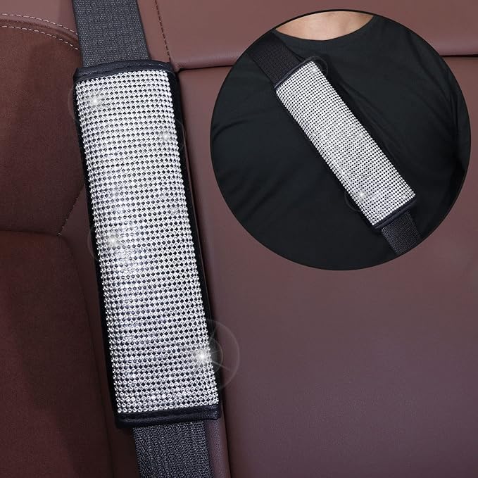 Bling Car Accessories for Women,7 Pack Sparkly Rhinestone Diamond Steering Wheel Cover Set,Bling Seat Belt Cushion,Shift Knob Cover,Push Start Button Accessories,Car Cup Coaster,Silver