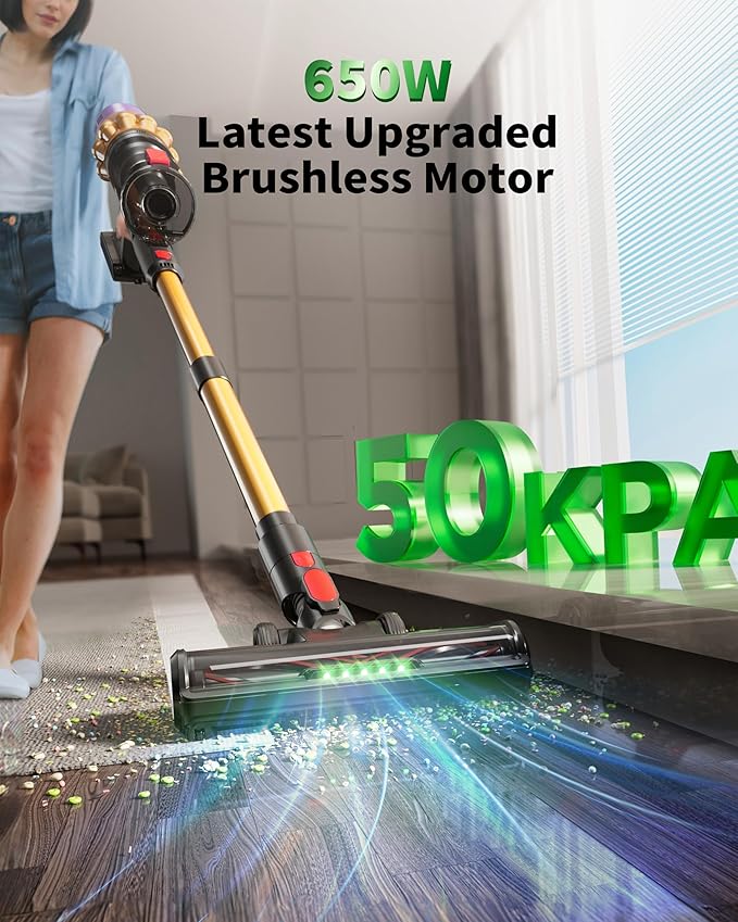 Cordless Vacuum Cleaner, 650W 50KPa 70-Min Runtime Stick Vacuum, Self-Standing Lightweight Vacuum for Pet Hair, Hardwood Floors, Carpet, Stairs & Car, LED Display