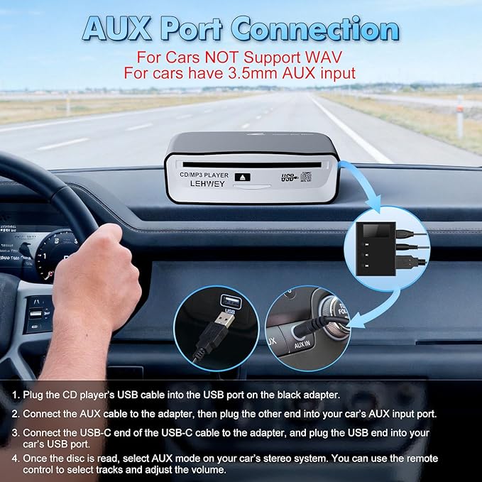 Lehwey USB CD Player for Car, External Car Cd Players with AUX & FM Transmitter, Portable CD Player for Cars Without CD Drive, Anti-Skip, Remote Control, Works with Most Cars, SUVs, Trucks