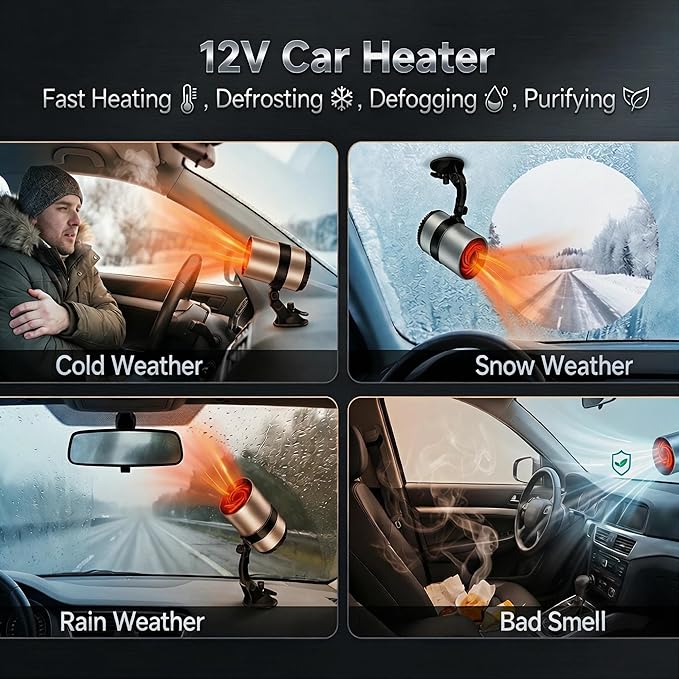 Portable Car Heater, 12V Car Heater for Vehicle, Plugs into Cigarette Lighter, Windshield Defroster&Defogger, 2-in-1 Fast Heating & Cooling Fan, Suction Holder, 2026 Upgraded Air Purified&Fuse Safety