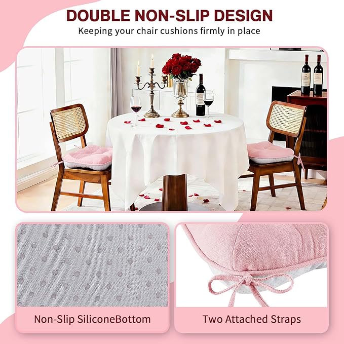 BETU Pink Chair Cushions for Dining Chairs Set of 6,3.5" Thick Kitchen Table Chair Pads with Ties,Non Slip Backing and Covers, Seat Cushion for Dining Room,Bar,Patio Chairs,15.5"X15.5"X3.5",Pink