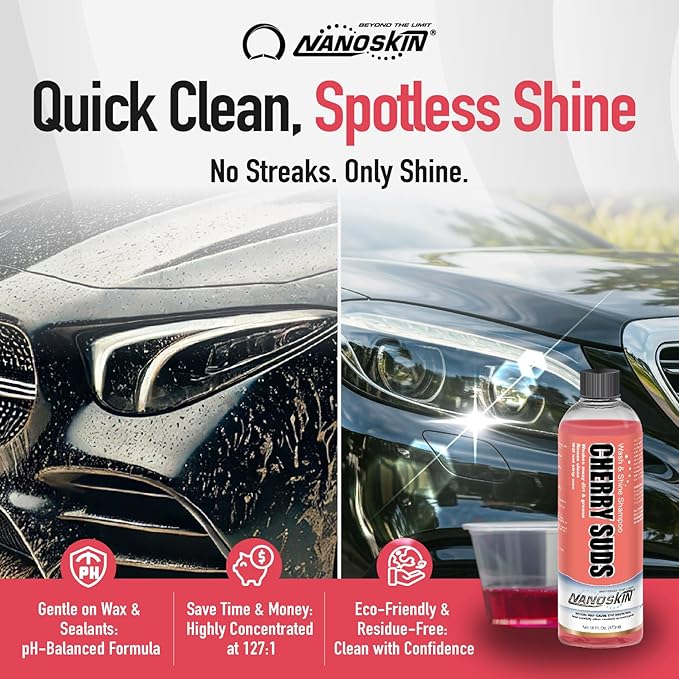 Nanoskin CHERRY SUDS Foaming Car Wash Shampoo 30 Gallons- Works with Foam Cannon, Foam Gun, Bucket Washes, Car Soap for Pressure Washer | Safe for Cars Trucks, Motorcycles, RVs & More | Cherry Scented