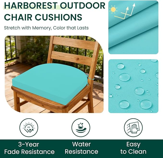HARBOREST Outdoor Chair Cushions Set of 2, Water Resistant Patio Chair Cushions with Ties, Outdoor Seat Cushions for Patio Furniture, 17"x16"x2", Teal