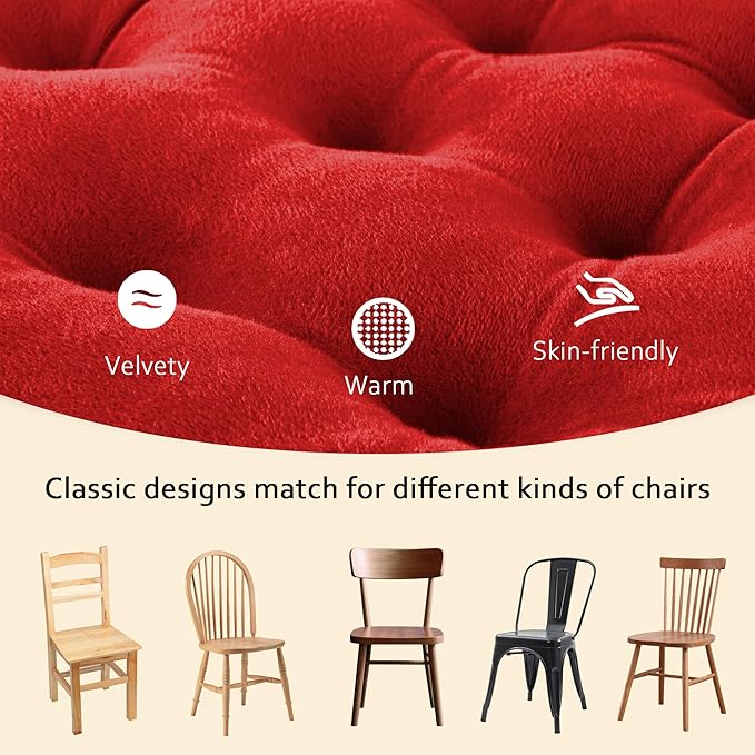 ELFJOY Set of 4 Square Chair Pads Indoor Seat Cushions Pillows with Ties Thick Soft Seat Cushion for Kitchen Dining Office Chair (18", Red)