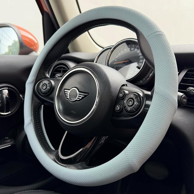 PINCTROT Nappa Leather Steering Wheel Cover with Ergonomic Palm Support Grip, Full Perforated Breathable, Slim Fit No Bulk Design, Universal 14.5-15 Inch (Ice Blue)