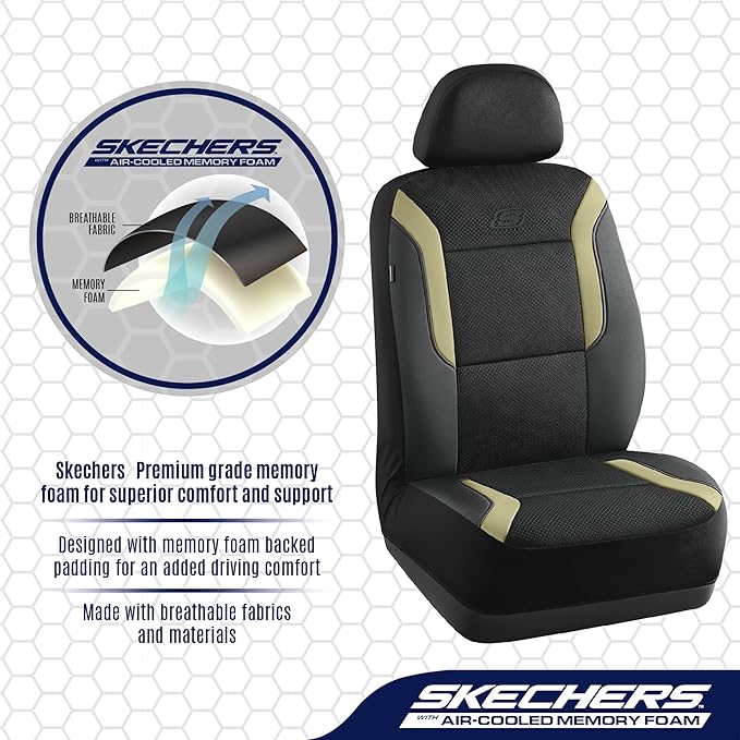 Skechers Memory Foam Car Seat Covers, Air Cool Mesh Thick Seat Covers,Car Seat Covers Front Seats Airbag Compatible, Automotive Comfort Protection for Most Cars,Van,Trucks, SUVs,Beige