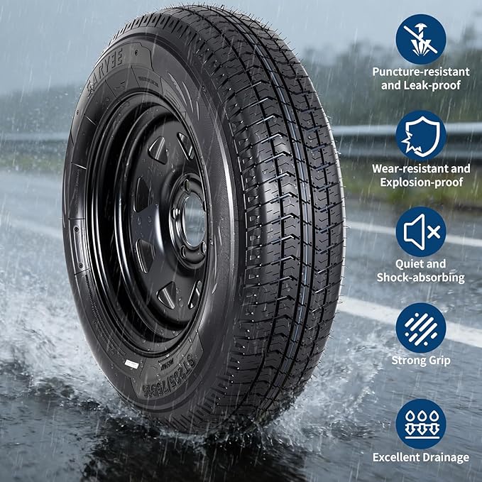 2-Pack Trailer Tire On Rim ST205/75D15 Trailer Tires and Wheels 5 Lug on 4.5 in PCD Trailer Tires with 15 in Rims Load Range C 6PR Black