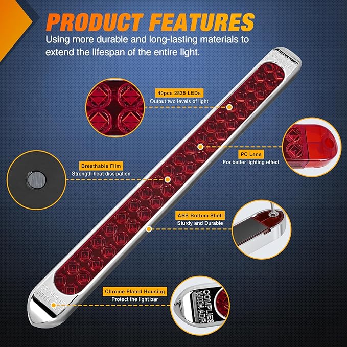 Nilight LED Tail Light 2PCS 17 Inch 40LED Red Running Tail Stop Brake Lights w/Chrome Bezel Waterproof Surface Mount for 12V Towing Trailer Truck RV Camper Boat