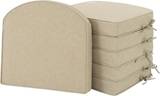 Outdoor Chair Cushions, Fade-Resistant & Water-Resistant, D Shaped Patio Furniture Seat Chair Pads Replacement with Ties, Non-Slip Bottom, Removable Cover, Set of 6, 19 x 19 Inch, Natural