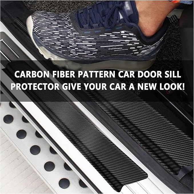 4PCS Car Door Sill Protector with Scraper,Carbon Fiber Car Door Protector Edge Guards for Front Rear Door Sills,Universal Anti-Scratch Car Door Threshold Strips (4D Black)