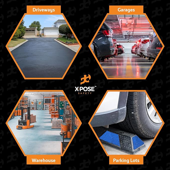 Xpose Safety 72" Heavy Duty Rubber Parking Stopper – Bulk Full Pallet 50 Pack Wheel Blocks for Garage, Driveway, or Ramp – Car Bumper Stop with Blue Reflective Strips – Removable Floor Mount