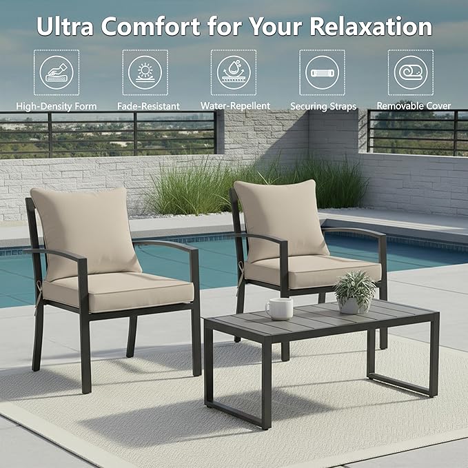 19x19 Inch Patio Chair Cushions Set of 2, Outdoor Furniture Cushions - Removable Cover, Water-Repellent, Fade-Resistant, Non-Slip Bottom & Straps, Replacement for Lawn, Porch & Deck Chair - Cream