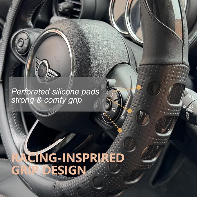 PINCTROT Race Grip Steering Wheel Cover, Anti Slip Silicone Perforated Design with Soft Touch Padding, Enhanced Grip for Sporty Driving,Universal 14.5-15 Inch (Racing Black)
