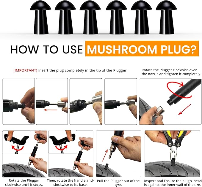 GRAND PITSTOP 36 Pcs Tubeless Tire Puncture Repair Kit with Mushroom Plug for Tyre Punctures and Flats on Cars, Motorcycles, ATV, Trucks & Tractors (30 Mushroom Plugs)