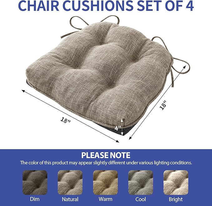 IPYNBAP Chair Cushions for Dining Chairs Set of 4, Kitchen Chair Cushions, Chair Pads with Ties and Non Slip Backing, Tufted Memory Foam Seat Cushion 4 Pack, 18" x 18" x 4", Khaki