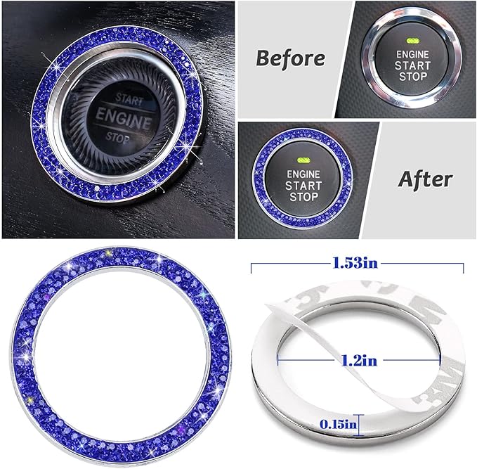 7 Pack Bling Car Accessories Set for Women Girl,Blue Diamond Steering Wheel Cover Set 15 inch,Seat Belt Pad,Stick Shift Cover,Push Start Button Bling Ring,Car Coasters, Blue