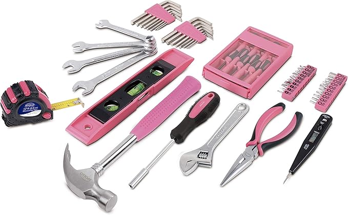 Apollo Tools 53 Piece Household Tool Set Includes Tools and Tool Box with a Selection of Most Needed Tools for Basic DIY Repairs, Maintenance and Crafts - Pink Ribbon