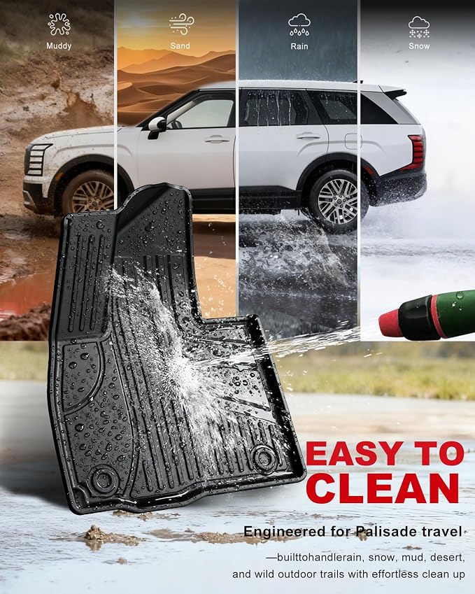 Floor Mats Compatible with 2026 Hyundai Palisade 7/8 Seats Gasoline (Not Hybrid)- Custom Fit TPE Anti-Slip Floor Lienrs - All Weather Floor Mats for Palisade 2026 Accessories Black
