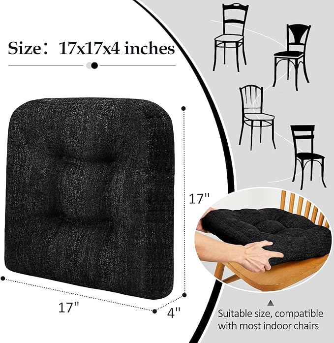 downluxe Chair Cushions for Dining Chairs 2 Pack, Tufted Indoor Chair Pads with Non-Slip Bottom, U-Shaped Kitchen Chair Cushions, 17"x17"x4", Black