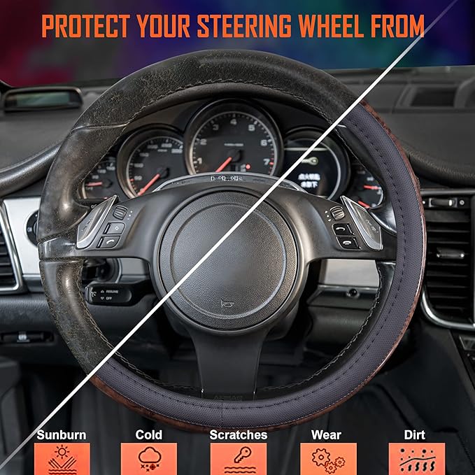 CAR PASS Wood Grain Microfiber Leather Steering Wheel Cover, Universal Fit for 14 1/2-15 inch Black Steering Wheel, Anti-Skip Veins Design,Cars, Suvs,Vans, Sedans (Black)