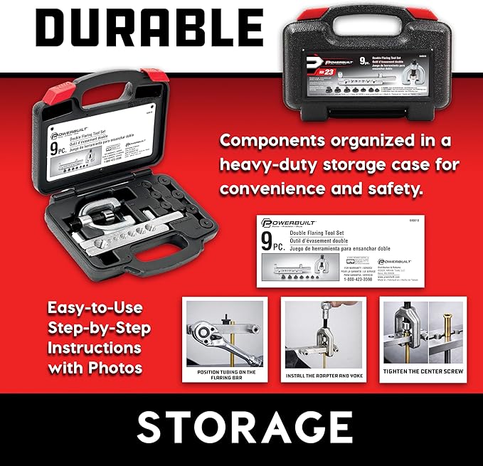 Powerbuilt 9 Piece Double Flaring Tool Set, Use on Copper, Aluminum, Soft Steel Brake Line and Brass Tubing, Storage Case - 648610