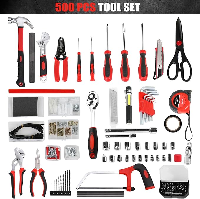 500-Piece Home Repair Tool Set with Drawer Toolbox – Comprehensive Household & Auto Maintenance Kit for DIY Enthusiasts, Homeowner, Handyman (500 PCS Black+Red)