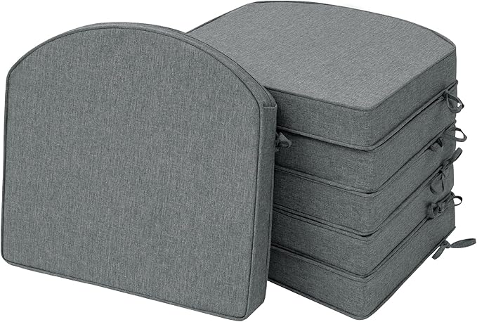 Outdoor Chair Cushions, Fade-Resistant & Water-Resistant, D Shaped Patio Furniture Seat Chair Pads Replacement with Ties, Non-Slip Bottom, Removable Cover, Set of 6, 17 x 16 Inch, Dark Grey