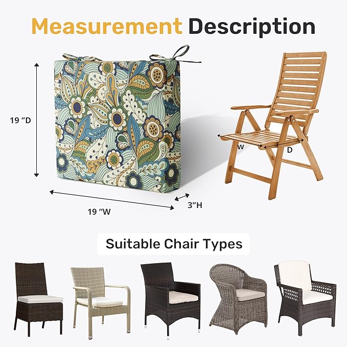 UNIKOME Outdoor Chair Cushions Pack of 4, Water Resistant Patio Cushions with Ties, High Density Sponge Filling Square Corner Seat Cushions for Outdoor Furniture, 19"*19"*3", Sun Flower