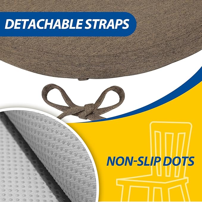 AAAAAcessories D-Shaped Chair Cushions, 2" Thick Dining Chair Pads with Ties and Removable, Machine-Washable Cover, 17" x 16", Set of 6, Taupe
