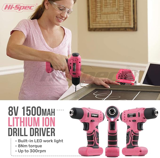 Hi-Spec 58pc Pink 8V USB Electric Power Cordless Drill Driver and Womens Ladies Home DIY Tool Kit Set. Screwdrivers, Drill Bit Set Accessories, Pliers and Hammer In a Toolbox Case