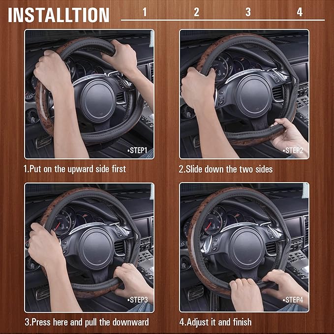 CAR PASS Wood Grain Microfiber Leather Steering Wheel Cover, Universal Fit for 14 1/2-15 inch Black Steering Wheel, Anti-Skip Veins Design,Cars, Suvs,Vans, Sedans (Black)