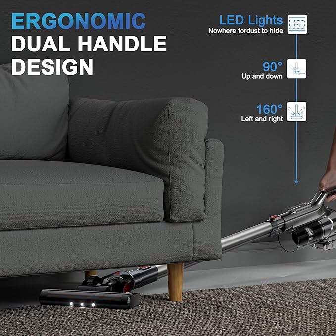 Cordless Vacuum Cleaner with LED Light, Battery Operated Vacuum, Lightweight Vacuum, HEPA Filter, Multiple Attachments for For Pet Hair & Deep Cleaning,Keep Filter Clean For Max Suction,Silver
