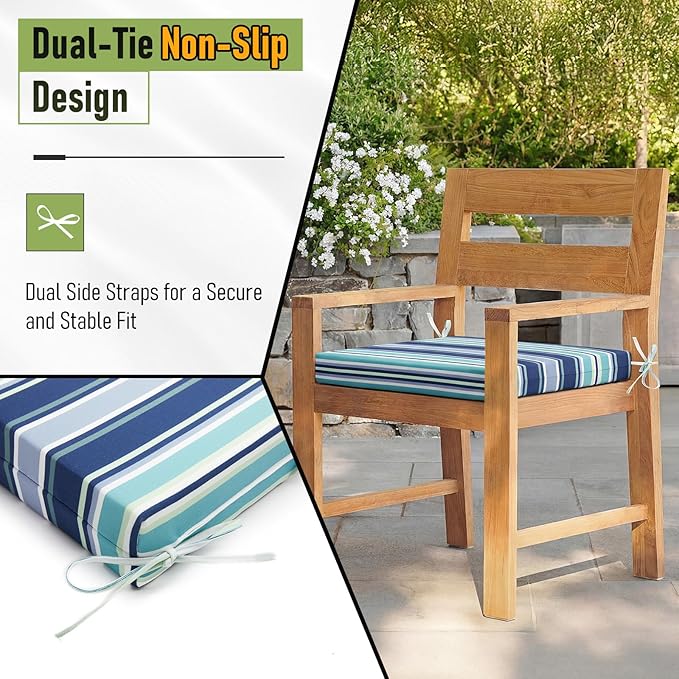 Basic Beyond Outdoor Chair Cushions Set of 6, Square Corner Outdoor Cushions for Patio Furniture, Water Resistant Patio Chair Cushions with 2 Ties, 18.5x16x3, Pinstriped Blue