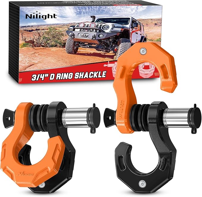 Nilight 2 Pack 3/4" D-Ring Separate Shackle with 7/8" Lock Pin 45,000 lbs Break Strength, Off Road Recovery Shackle with Isolators Washers for Use with Tow Strap, Winch, Truck Vehicle (Black&Orange)