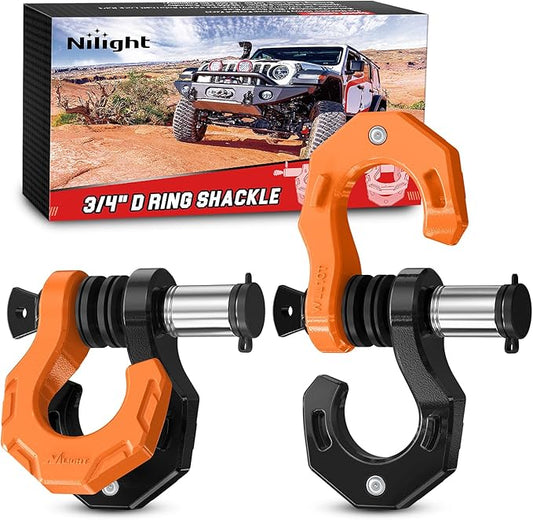 Nilight 2 Pack 3/4" D-Ring Separate Shackle with 7/8" Lock Pin 45,000 lbs Break Strength, Off Road Recovery Shackle with Isolators Washers for Use with Tow Strap, Winch, Truck Vehicle (Black&Orange)
