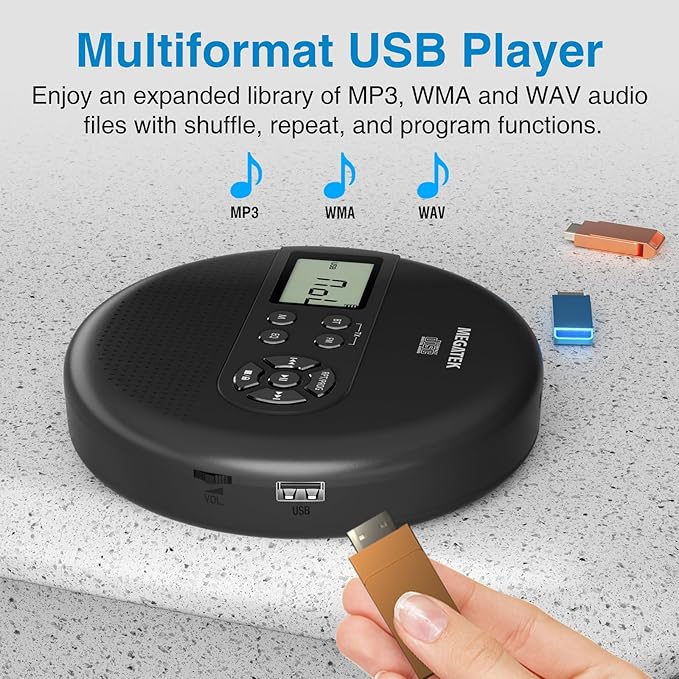 MEGATEK CP27BR Portable CD Player Bluetooth for Car with FM Transmitter, USB, AUX, LCD Display, Anti-Skip, Stereo Speakers, Headphones & Rechargeable Battery – Black