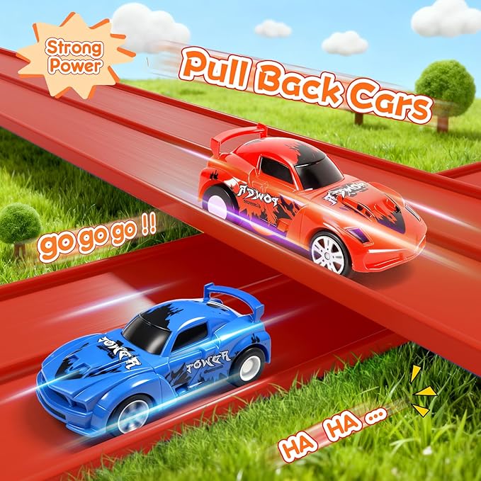 KETIEE Flex Tracks 16Ft for Kids: Flexible Race Car Ramp Track with 2 Small Racecars and 4 Suction Cups Compatible with Diecast 1/64th Cars, Rolls Up Portable Racetrack for Ages 3 & Up