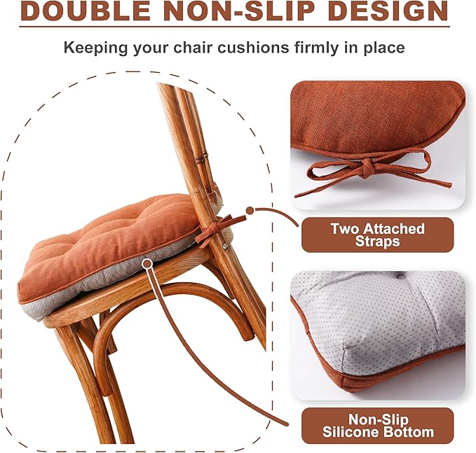 Battilo Chair Cushions Set of 4 for Dining Chairs, Seat Cushions for Kitchen Chairs with Non-Slip Backing, Indoor/Outdoor Waterproof Chair Seat Pads with Ties, 15.5"x15.5"x4", Caramel