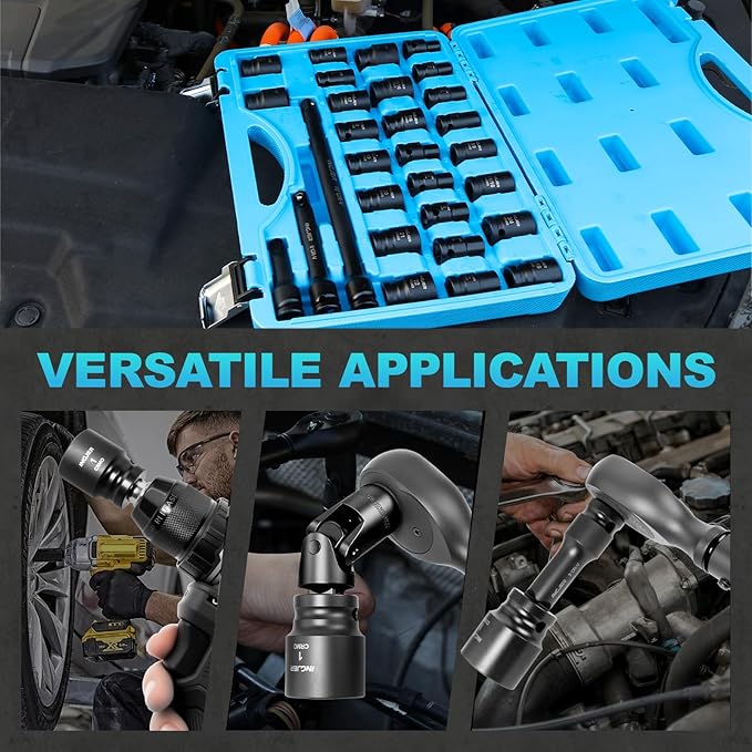 1/2" 29PCS Drive Impact Socket Set, SAE (3/8 to 1 inch) and Metric (10-24mm) Sizes with Extension Bars Standard Shallow Socket Set CR-MO Material High Torque Truck Bearing Locknut