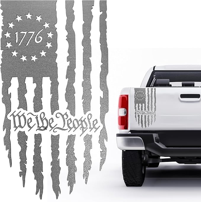GRITKULTURE We The People Distressed American Flag Decal Vinyl for Trucks, Cars, Tailgate, Windows Preamble of The US Constitution fits Most Pickup Trucks-Rear USA Flag Car Sticker (Reflective Silver)