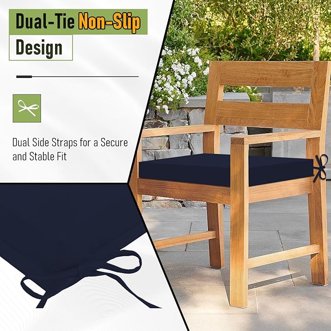 Basic Beyond Outdoor Chair Cushions Set of 4, Square Corner Outdoor Cushions for Patio Furniture, Water Resistant Patio Chair Cushions with 2 Ties, 18.5x16x3, Navy